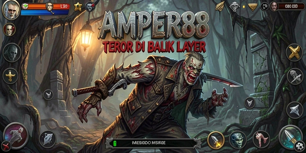 Tangkapan layar gameplay AMPER88 menunjukkan suasana mencekam dan elemen horor yang menakutkan.