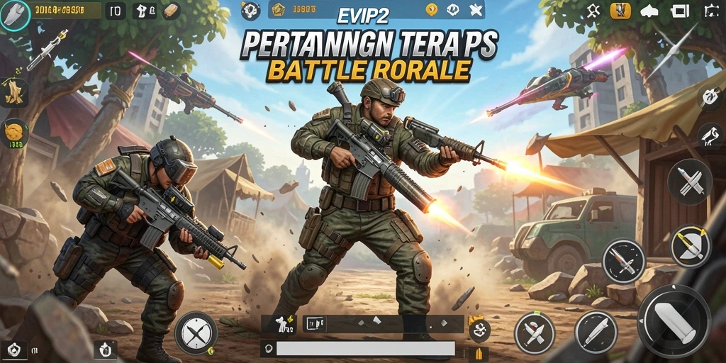 Tampilan aksi mendebarkan dalam permainan Battle Royale EVIP2.