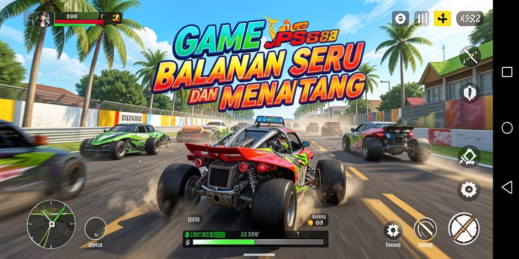 Screenshot JPS88 menampilkan aksi balapan mendebarkan dengan mobil kustom.