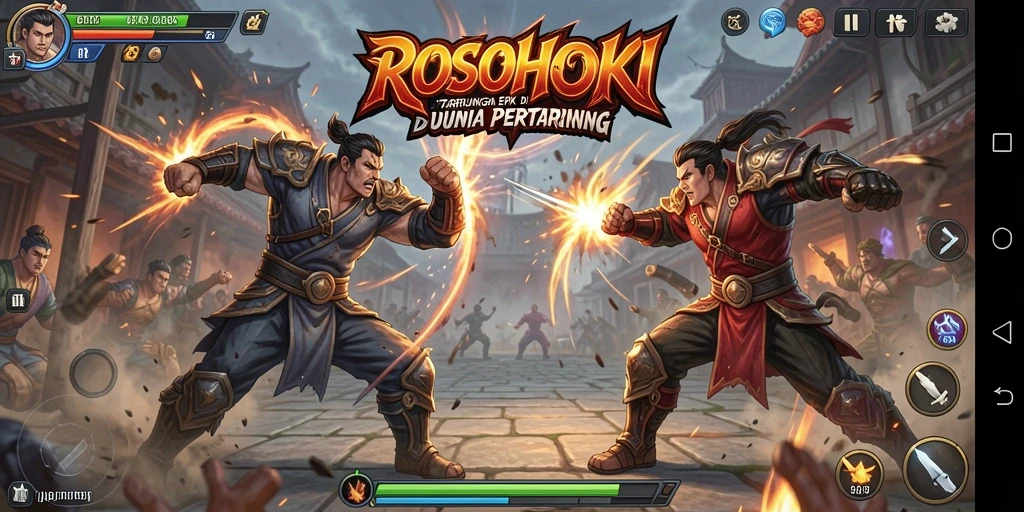 Tangkapan layar gameplay ROSOHOKI yang menampilkan pertarungan epik.